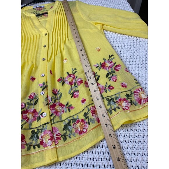 Figueroa‎ & Flowers Women Yellow Flower Long Sleeve Boho Top Size Medium Peasant - Picture 6 of 12
